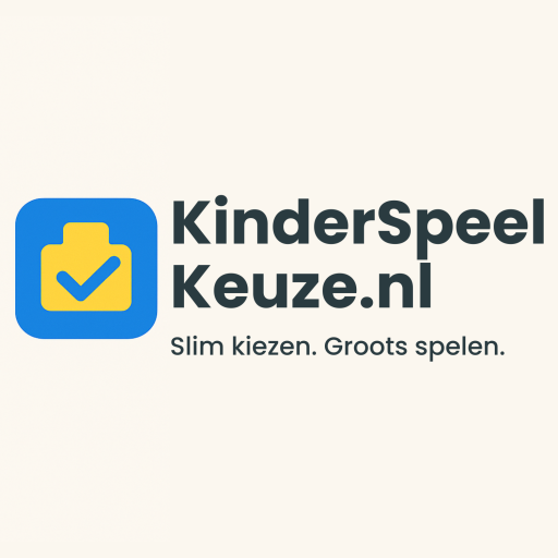 Logo van Kinderspeelkeuze.nl met een blauw-geel blokje en vinkje, naast de tekst ‘Kinderspeelkeuze.nl’ en de slogan ‘Slim kiezen. Groots spelen.’